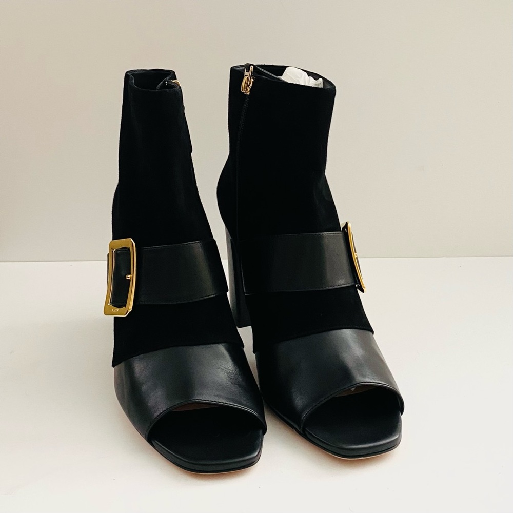 Black BALLY Jaydee Peep-Toe Suede Leather Booties with Buckles 3.5" Heels - Picture 4 of 9